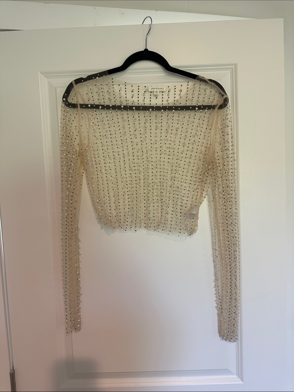 NBD Sheer Embellished Nude Long-Sleeve Crop Top